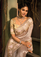 Monjolika Fashion Chiku Silk Blend Saree With Embroidered Jari And Cut-Dana Work | Grocsy