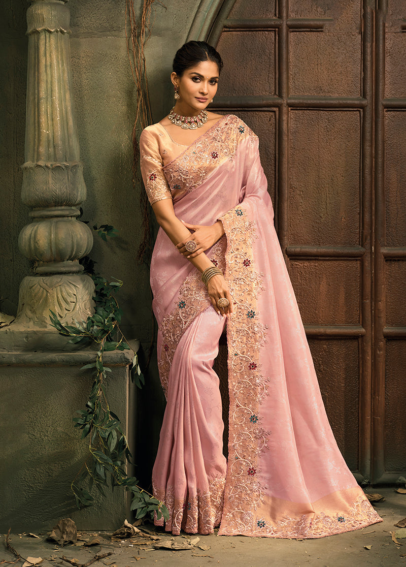 Monjolika Fashion Pink Silk Blend Saree With Embroidered Jari And Cut-Dana Work | Grocsy