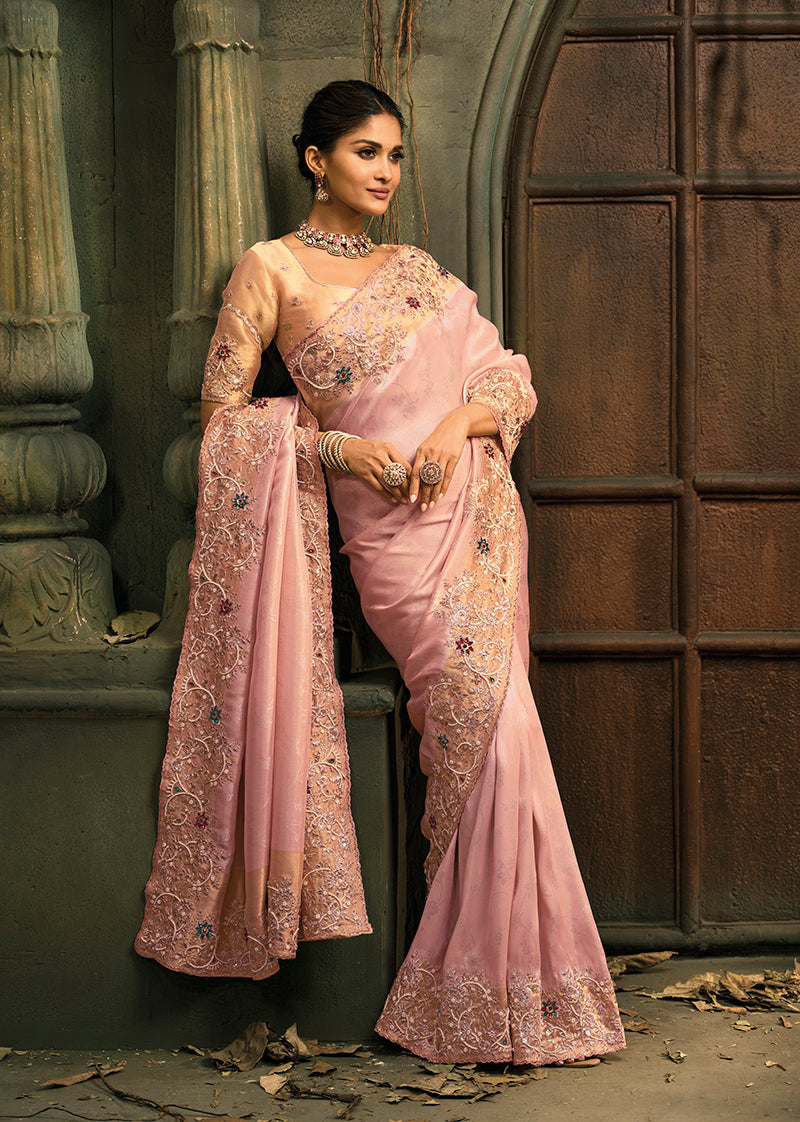 Monjolika Fashion Pink Silk Blend Saree With Embroidered Jari And Cut-Dana Work | Grocsy