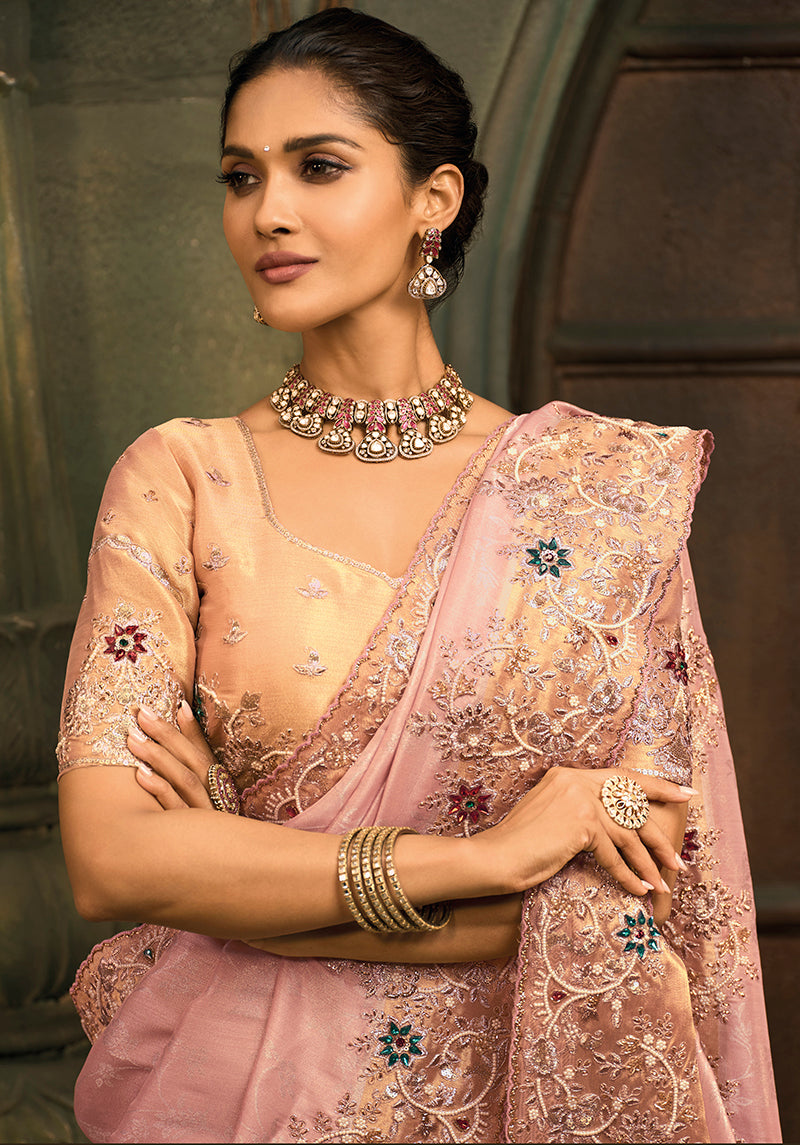 Monjolika Fashion Pink Silk Blend Saree With Embroidered Jari And Cut-Dana Work | Grocsy