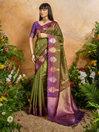 Monjolika Fashion Weaving Handloom Silk Blend Olive Green Contemporary Saree | Grocsy