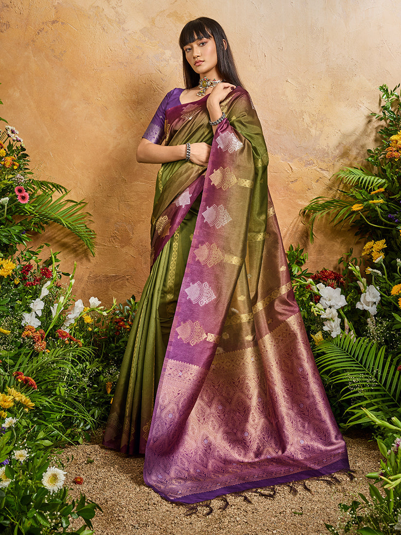 Monjolika Fashion Weaving Handloom Silk Blend Olive Green Contemporary Saree | Grocsy