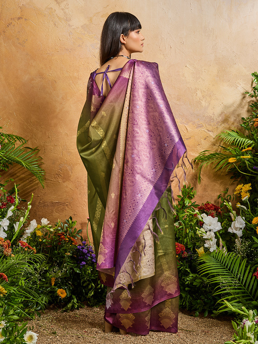Monjolika Fashion Weaving Handloom Silk Blend Olive Green Contemporary Saree | Grocsy