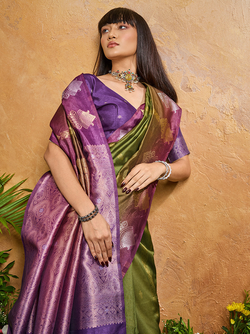 Monjolika Fashion Weaving Handloom Silk Blend Olive Green Contemporary Saree | Grocsy