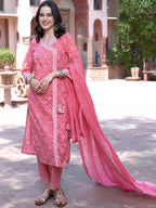 Sangria Pink Bandhani Printed Pure Cotton Angrakha Kurta With Trousers & Dupatta | Grocsy