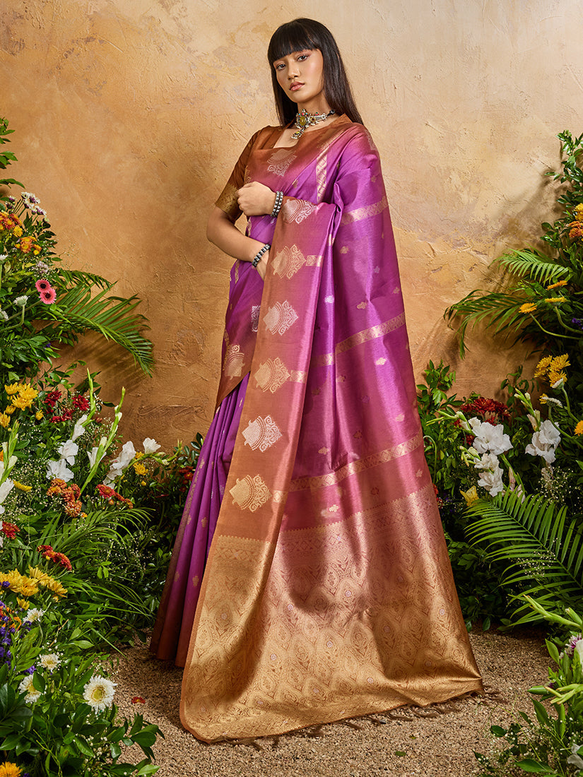 Monjolika Fashion Weaving Handloom Silk Blend Magenta Contemporary Saree | Grocsy