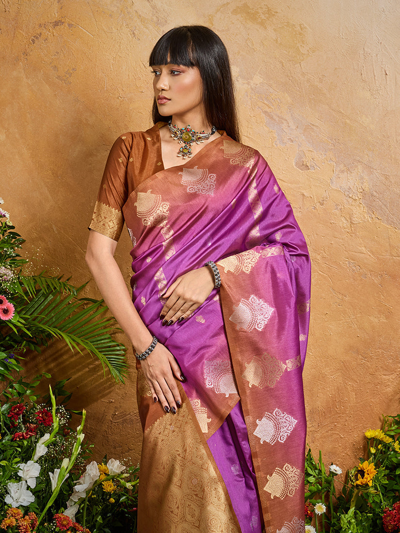 Monjolika Fashion Weaving Handloom Silk Blend Magenta Contemporary Saree | Grocsy