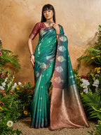 Monjolika Fashion Weaving Handloom Silk Blend Teal Green Contemporary Saree | Grocsy