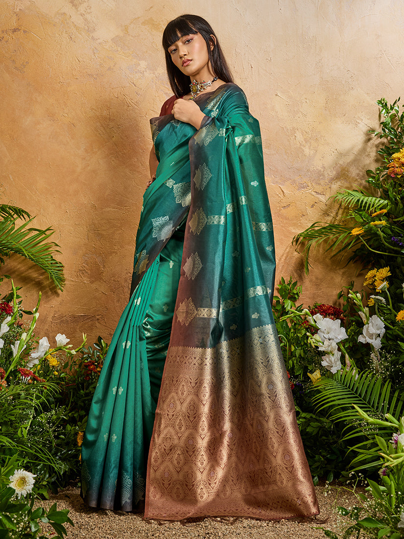 Monjolika Fashion Weaving Handloom Silk Blend Teal Green Contemporary Saree | Grocsy