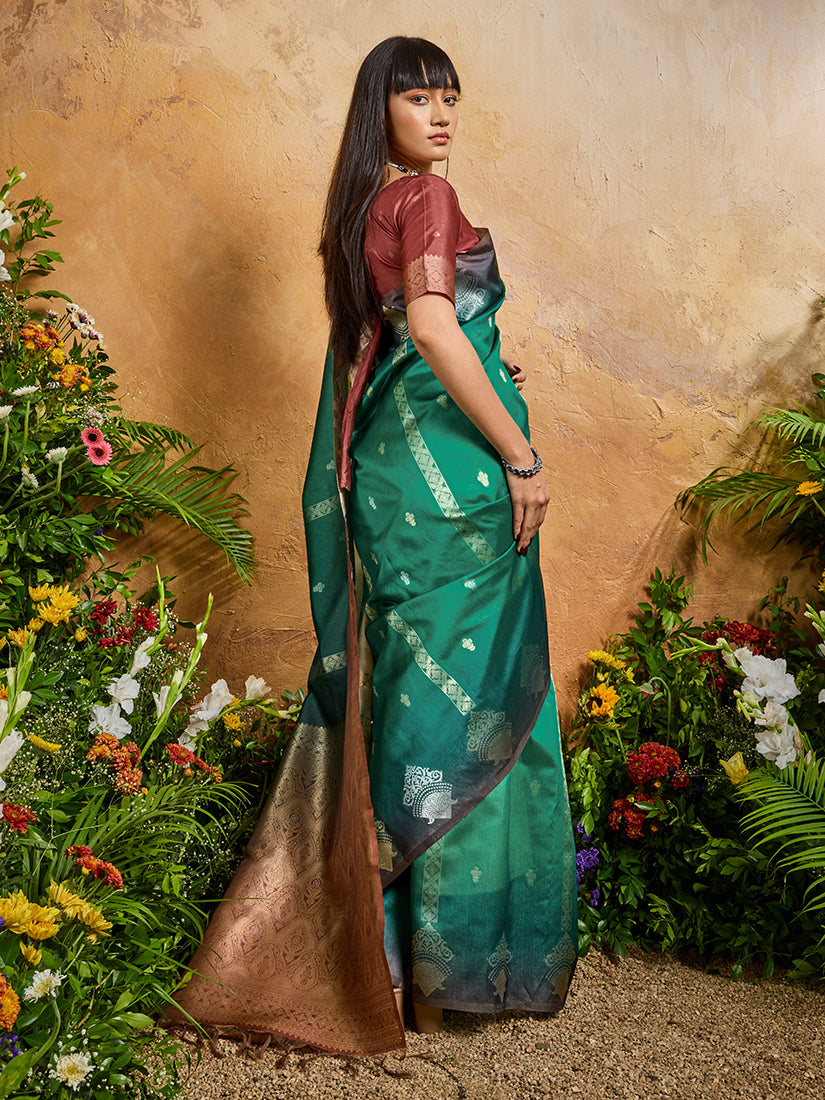 Monjolika Fashion Weaving Handloom Silk Blend Teal Green Contemporary Saree | Grocsy