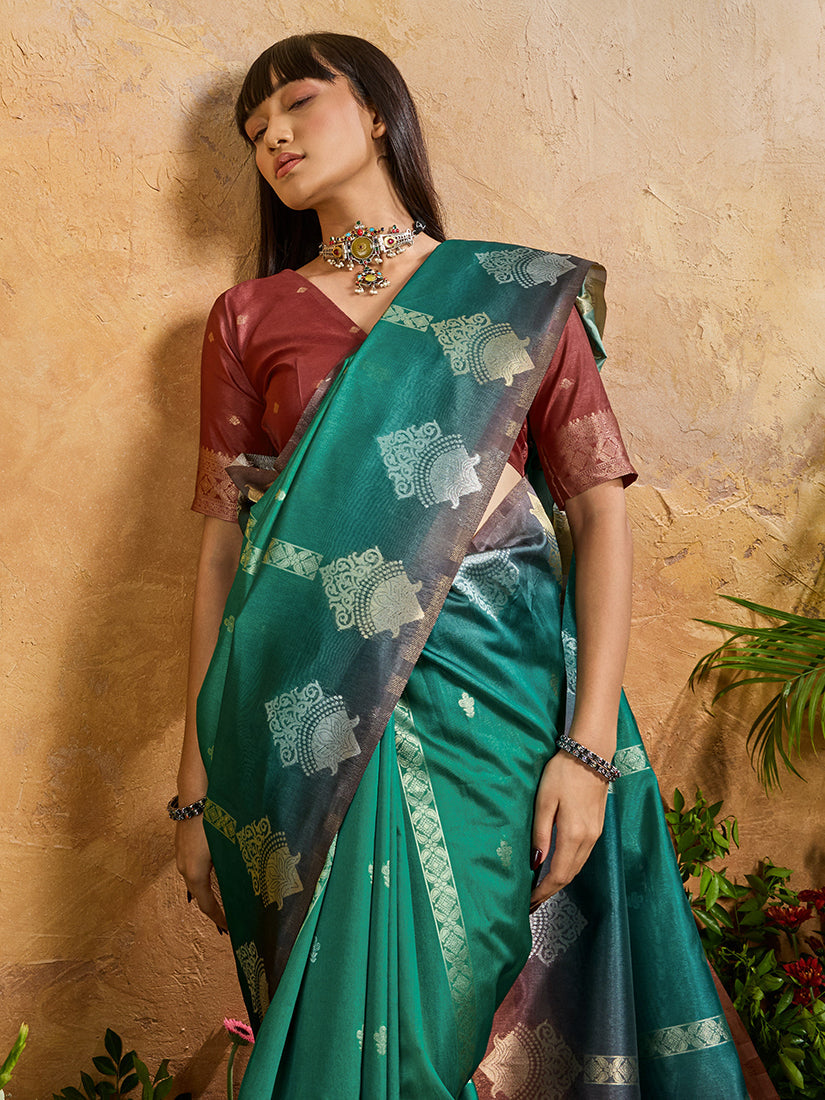 Monjolika Fashion Weaving Handloom Silk Blend Teal Green Contemporary Saree | Grocsy