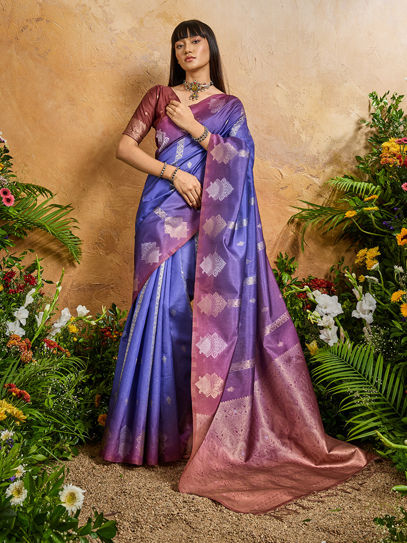 Monjolika Fashion Weaving Handloom Silk Blend Violet Contemporary Saree | Grocsy