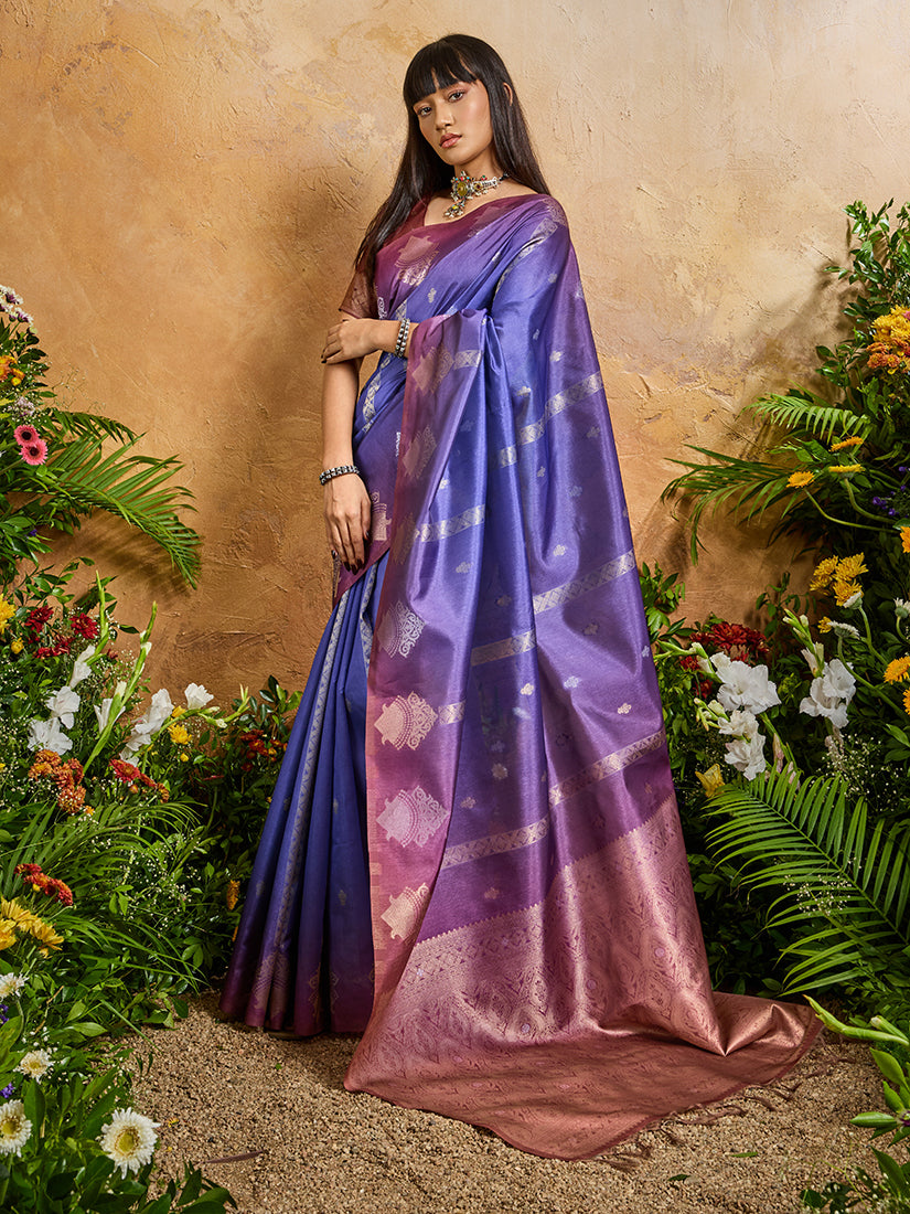 Monjolika Fashion Weaving Handloom Silk Blend Violet Contemporary Saree | Grocsy