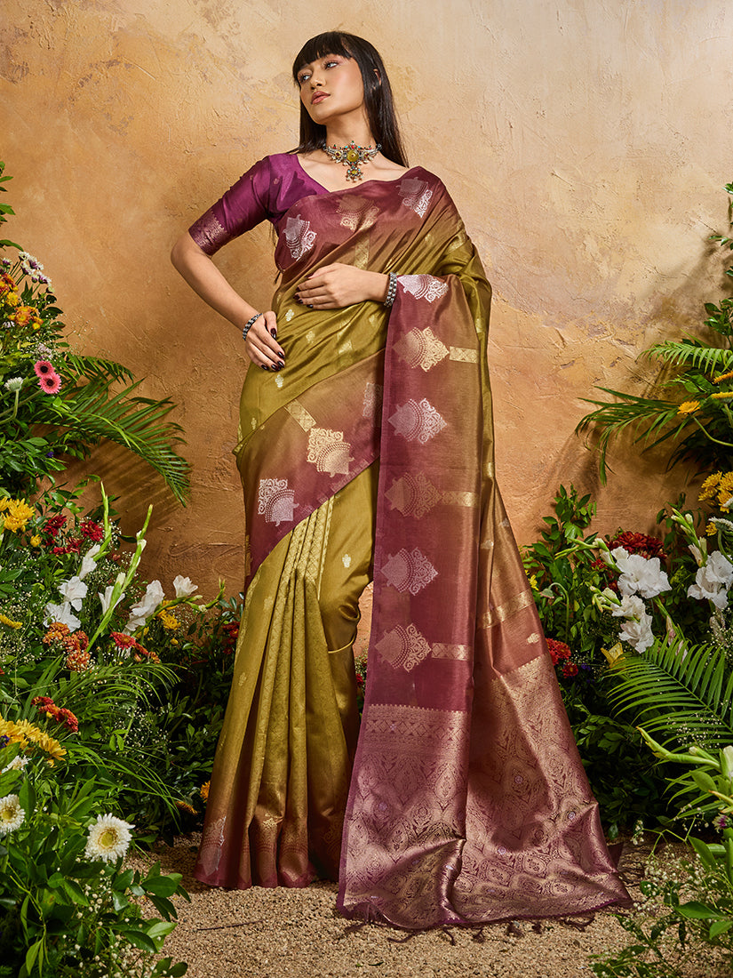 Monjolika Fashion Weaving Handloom Silk Blend Mehendi Green Contemporary Saree | Grocsy