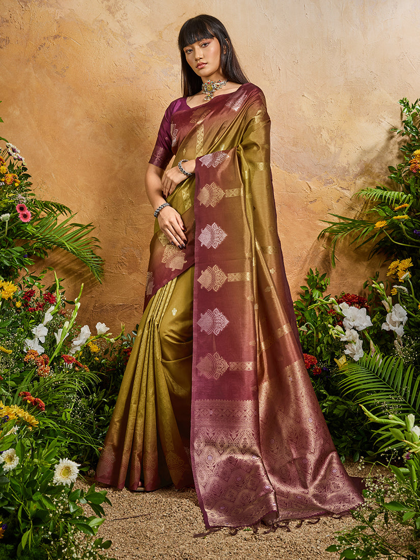 Monjolika Fashion Weaving Handloom Silk Blend Mehendi Green Contemporary Saree | Grocsy