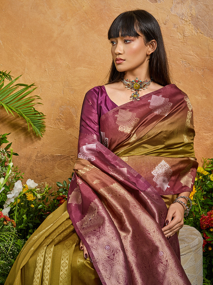 Monjolika Fashion Weaving Handloom Silk Blend Mehendi Green Contemporary Saree | Grocsy