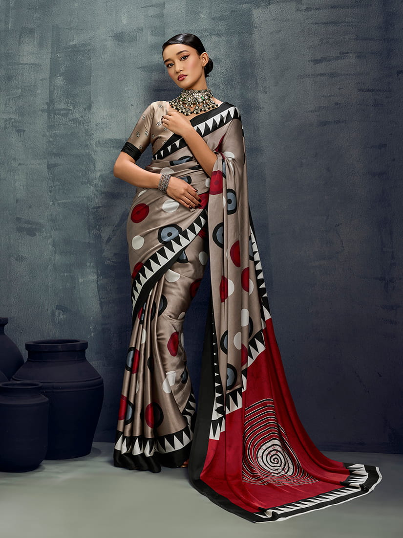 Monjolika Fashion Satin Dark Beige Printed Casual Saree | Grocsy