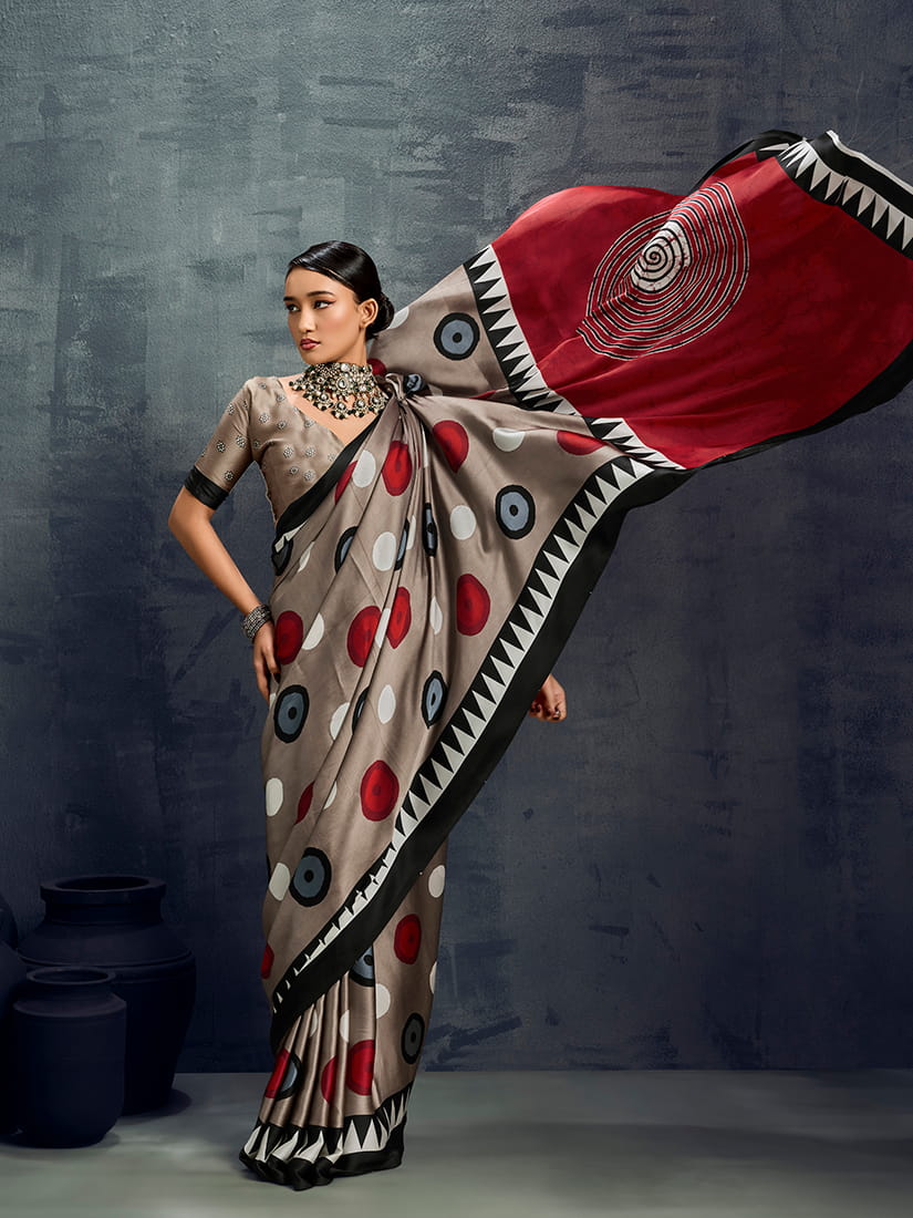 Monjolika Fashion Satin Dark Beige Printed Casual Saree | Grocsy