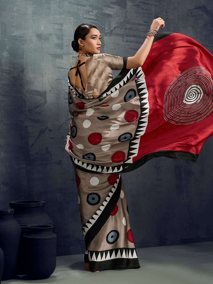 Monjolika Fashion Satin Dark Beige Printed Casual Saree | Grocsy