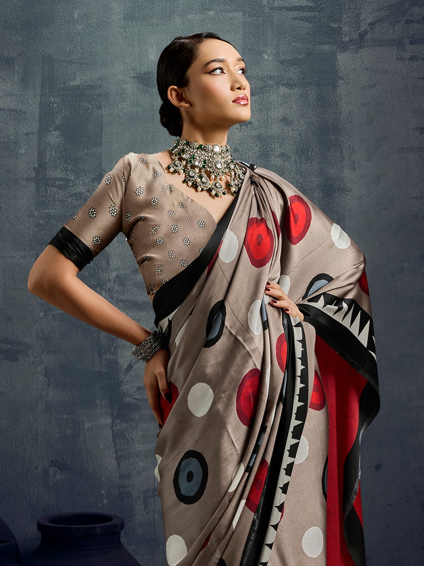 Monjolika Fashion Satin Dark Beige Printed Casual Saree | Grocsy