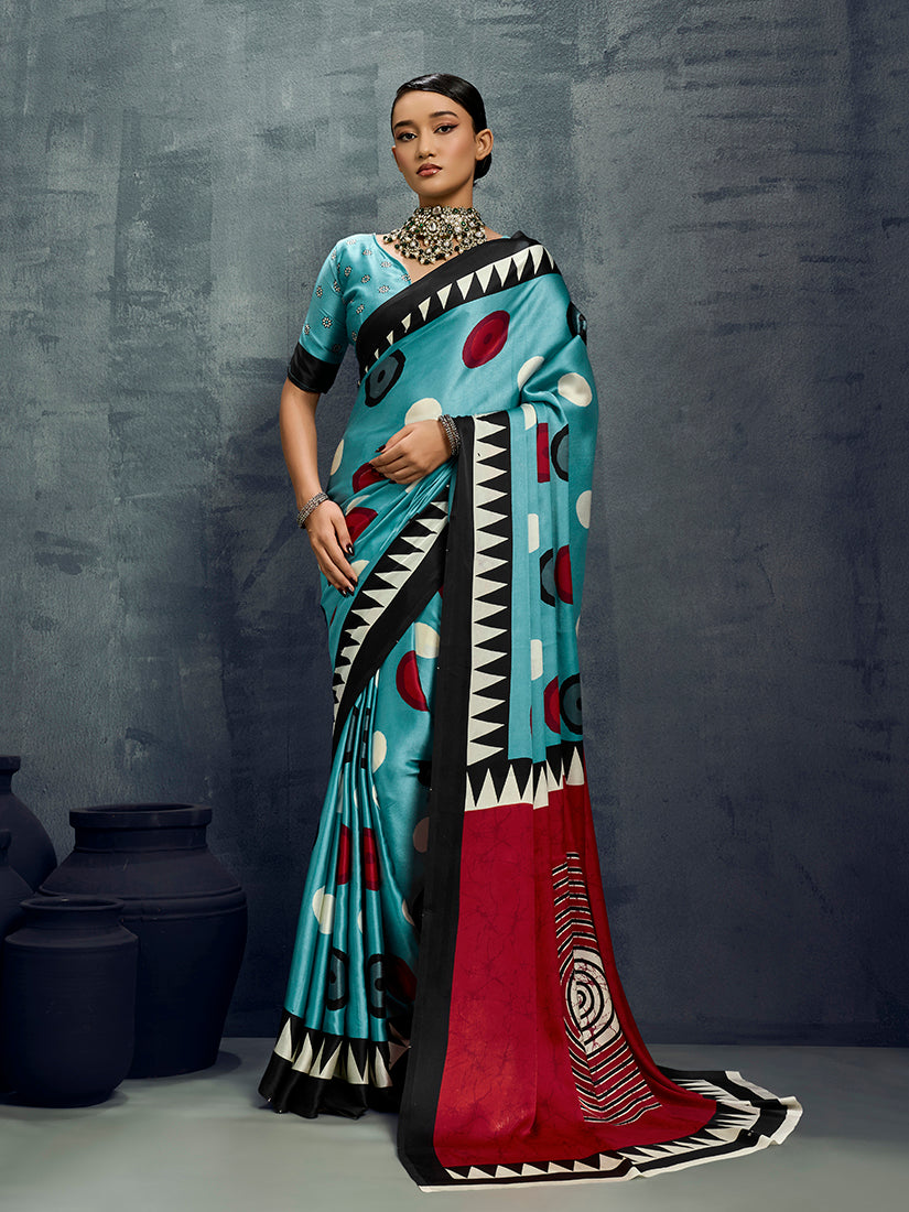 Monjolika Fashion Satin Aqua Blue Printed Casual Saree | Grocsy
