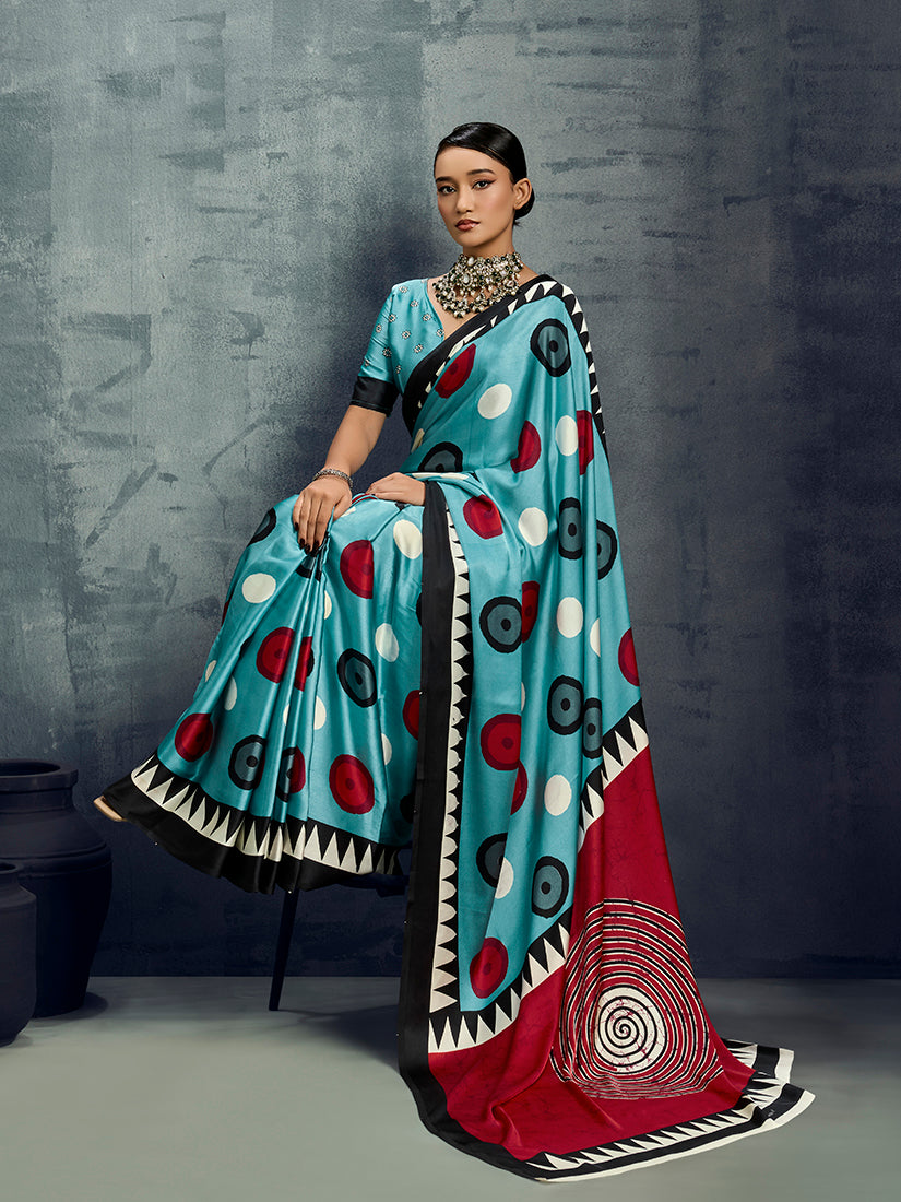 Monjolika Fashion Satin Aqua Blue Printed Casual Saree | Grocsy