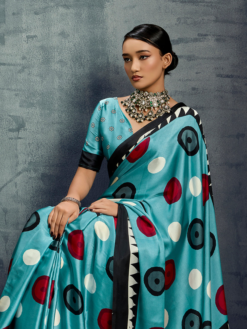 Monjolika Fashion Satin Aqua Blue Printed Casual Saree | Grocsy