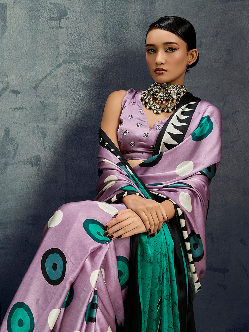 Monjolika Fashion Satin Lilac Printed Casual Saree | Grocsy