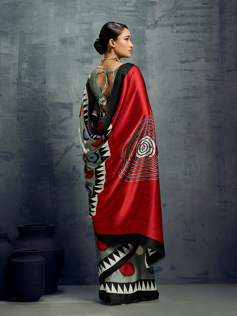 Monjolika Fashion Satin Grey Printed Casual Saree | Grocsy