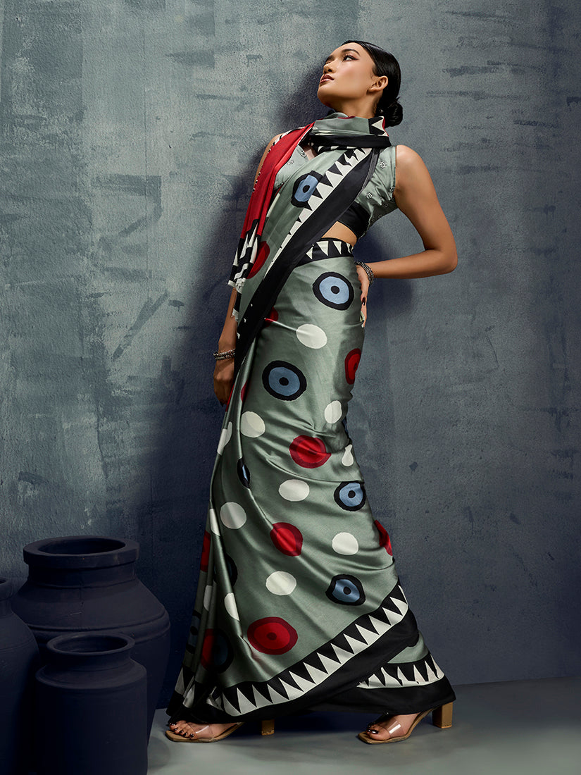 Monjolika Fashion Satin Grey Printed Casual Saree | Grocsy