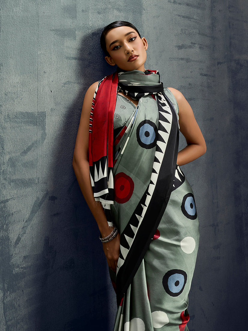 Monjolika Fashion Satin Grey Printed Casual Saree | Grocsy