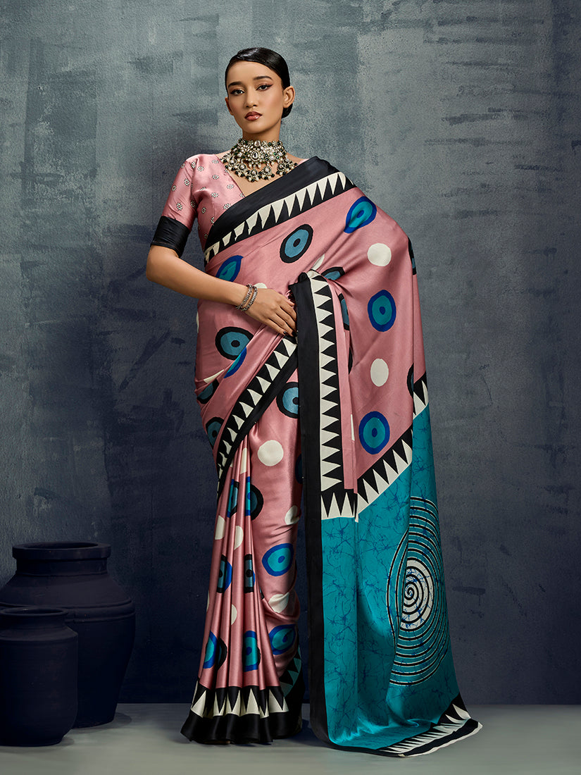 Monjolika Fashion Satin Light Pink Printed Casual Saree | Grocsy