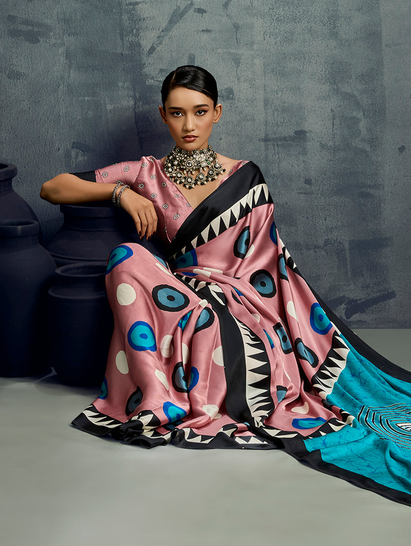 Monjolika Fashion Satin Light Pink Printed Casual Saree | Grocsy
