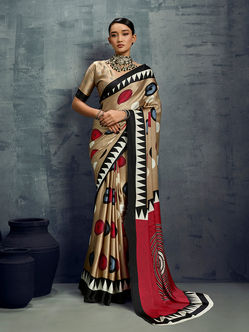 Monjolika Fashion Satin Chiku Printed Casual Saree | Grocsy
