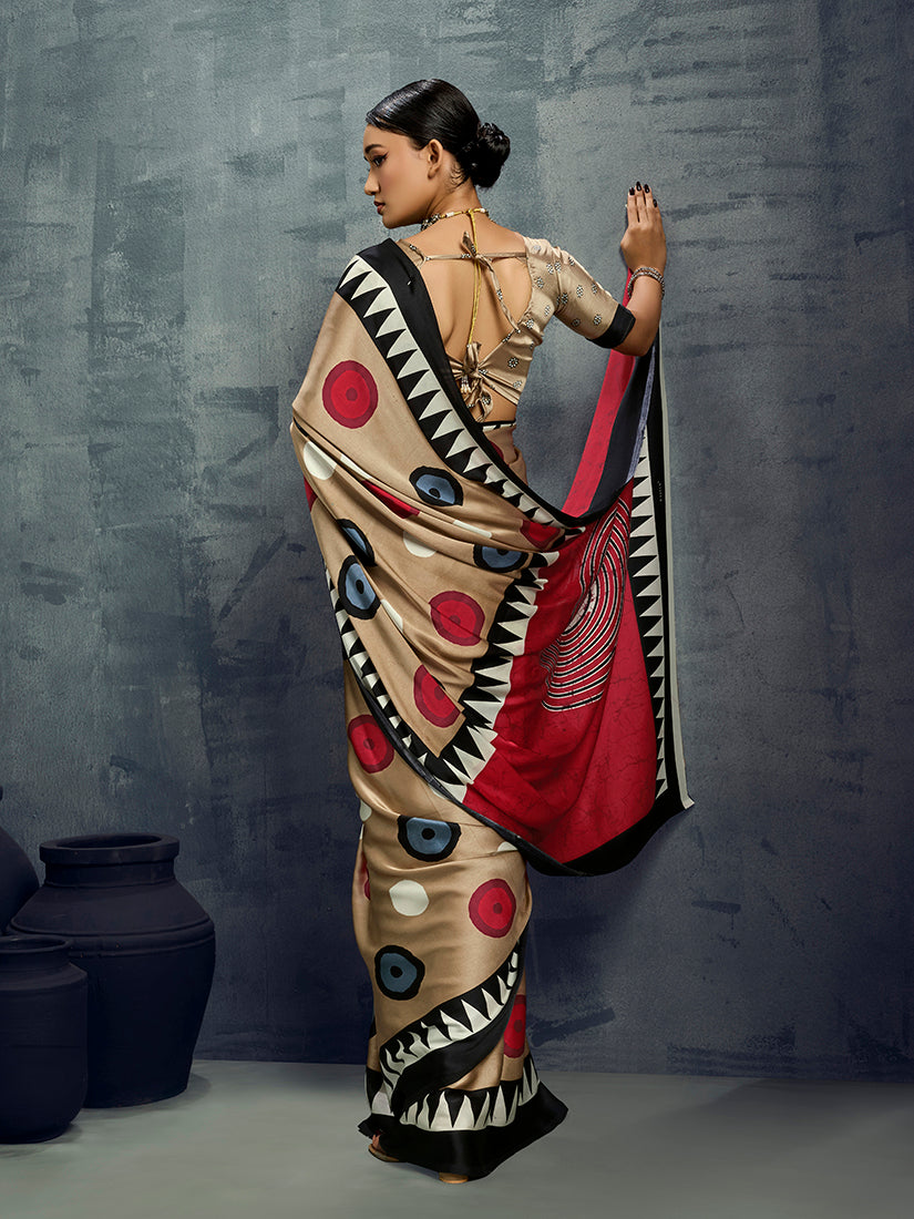 Monjolika Fashion Satin Chiku Printed Casual Saree | Grocsy
