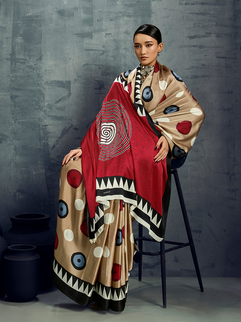 Monjolika Fashion Satin Chiku Printed Casual Saree | Grocsy