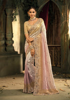 Monjolika Fashion Cream And Pink Silk Blend Wedding Saree With Cut Dana, Embroidered, Moti And Zari Work | Grocsy