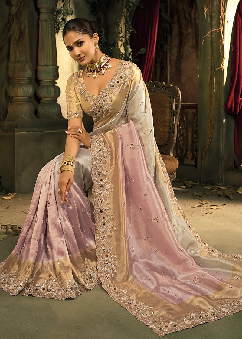 Monjolika Fashion Cream And Pink Silk Blend Wedding Saree With Cut Dana, Embroidered, Moti And Zari Work | Grocsy