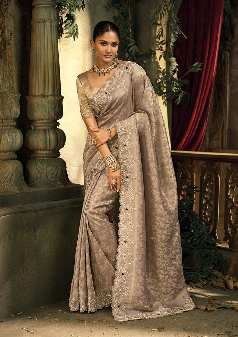 Monjolika Fashion Light Brown Silk Blend Wedding Saree With Cut Dana, Embroidered, Moti And Zari Work | Grocsy