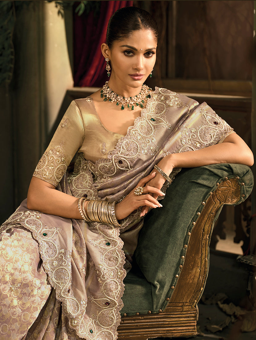 Monjolika Fashion Light Brown Silk Blend Wedding Saree With Cut Dana, Embroidered, Moti And Zari Work | Grocsy