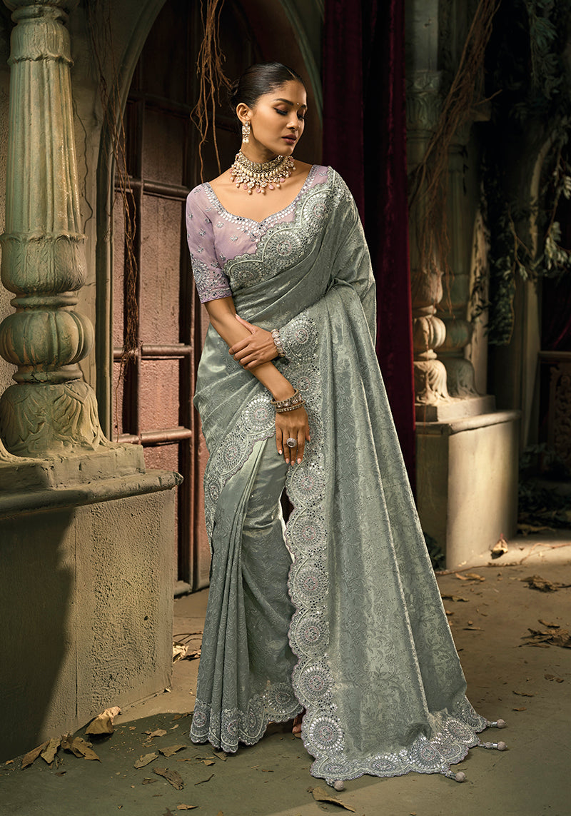 Monjolika Fashion Grey Silk Blend Wedding Saree With Cut Dana, Embroidered, Moti And Zari Work | Grocsy