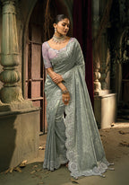 Monjolika Fashion Grey Silk Blend Wedding Saree With Cut Dana, Embroidered, Moti And Zari Work | Grocsy