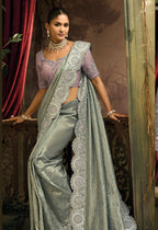 Monjolika Fashion Grey Silk Blend Wedding Saree With Cut Dana, Embroidered, Moti And Zari Work | Grocsy