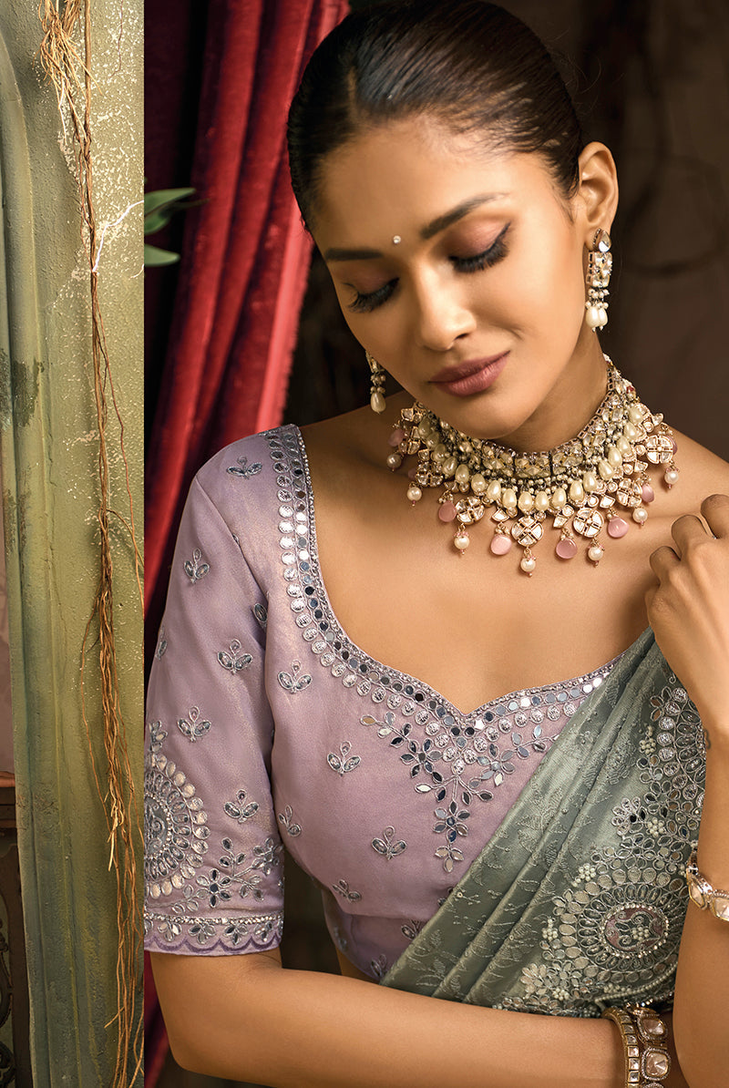 Monjolika Fashion Grey Silk Blend Wedding Saree With Cut Dana, Embroidered, Moti And Zari Work | Grocsy
