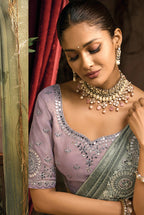 Monjolika Fashion Grey Silk Blend Wedding Saree With Cut Dana, Embroidered, Moti And Zari Work | Grocsy