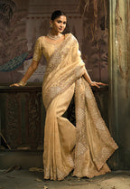 Monjolika Fashion Beige Silk Blend Wedding Saree With Cut Dana, Embroidered, Moti And Zari Work | Grocsy