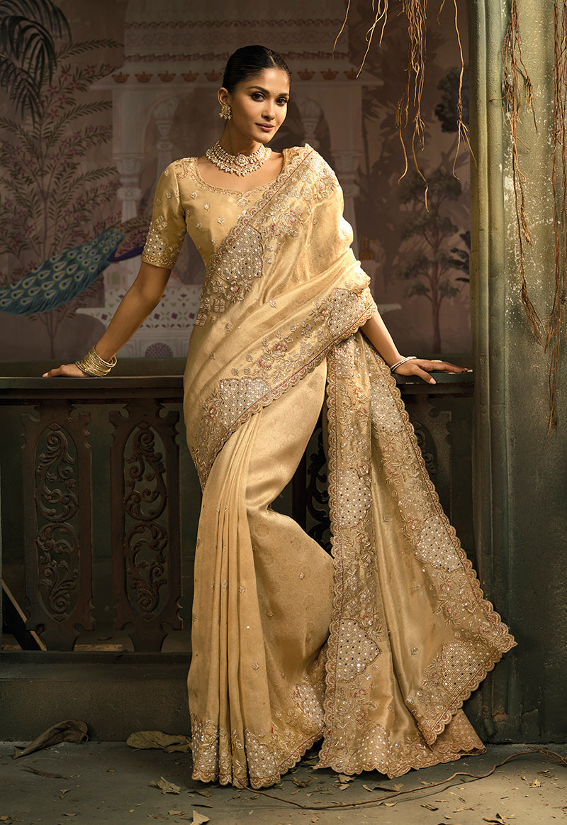 Monjolika Fashion Beige Silk Blend Wedding Saree With Cut Dana, Embroidered, Moti And Zari Work | Grocsy