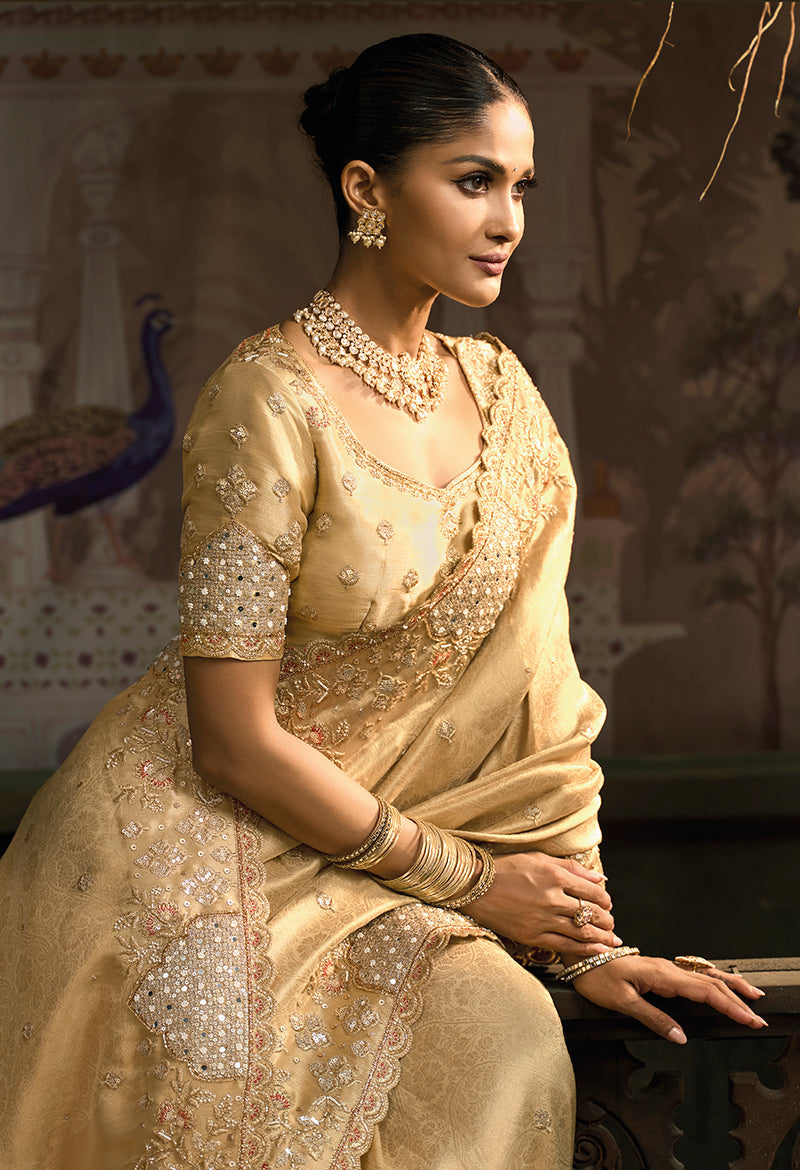 Monjolika Fashion Beige Silk Blend Wedding Saree With Cut Dana, Embroidered, Moti And Zari Work | Grocsy