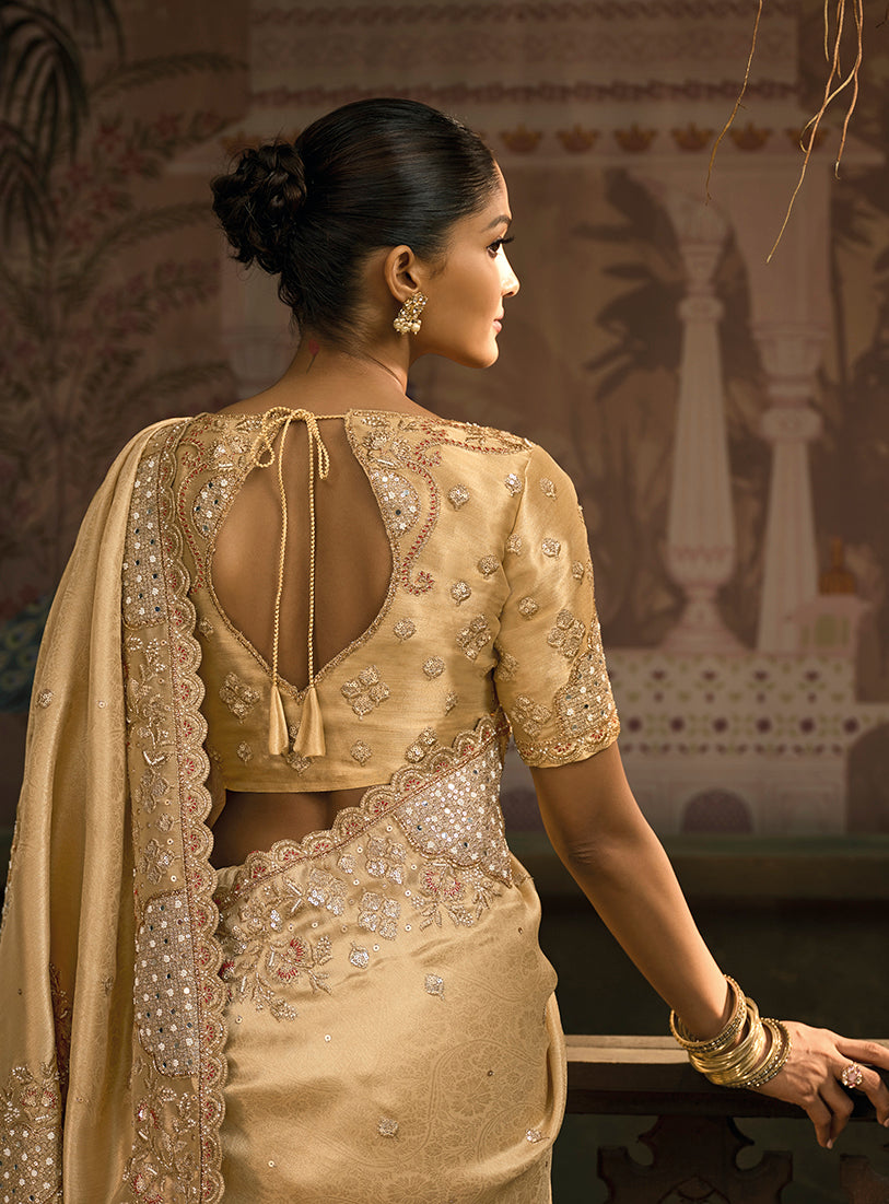 Monjolika Fashion Beige Silk Blend Wedding Saree With Cut Dana, Embroidered, Moti And Zari Work | Grocsy