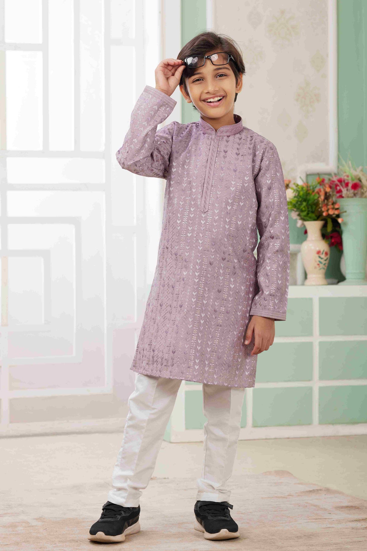 Raivat Ethnic Art Silk Embroidery Work Kids Kurta Pajama In Lilac Colour | Grocsy